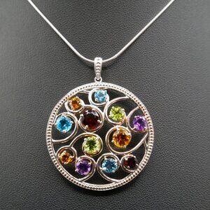 Sterling Silver & Multi-Gemstone 1-1/2" Wide Circle Pendant Necklace w Adj Chain